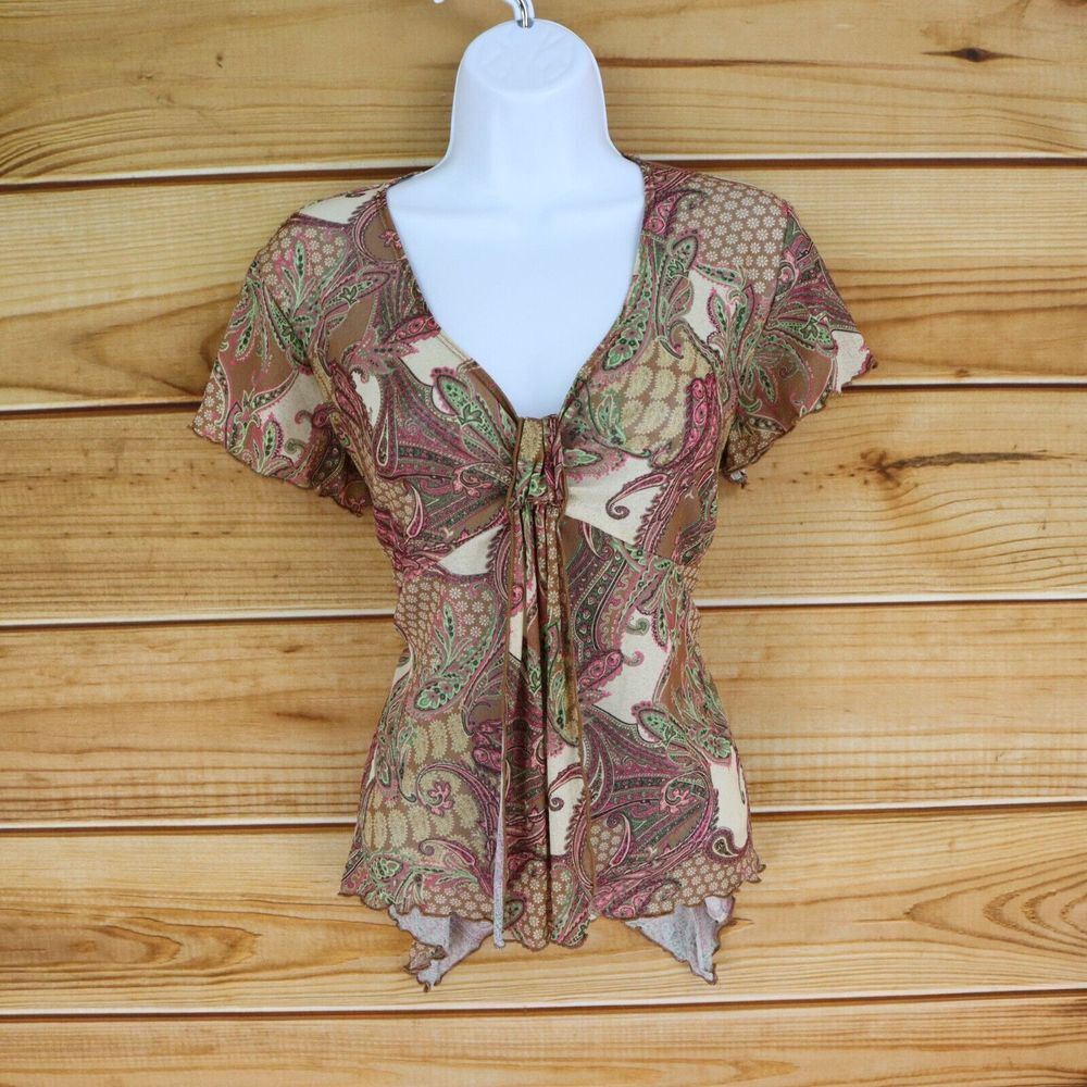 Cato Blouse Shirt Womens 14/16W Multicolor Paisley Gathered Fabric Short Sleeves